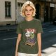 Olive T-shirt with cartoon T-Rex holding small dinosaurs and RAWR text
