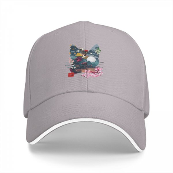 Black Baseball Cap With Cat Silhouette Cherry Blossom Landscape Art
