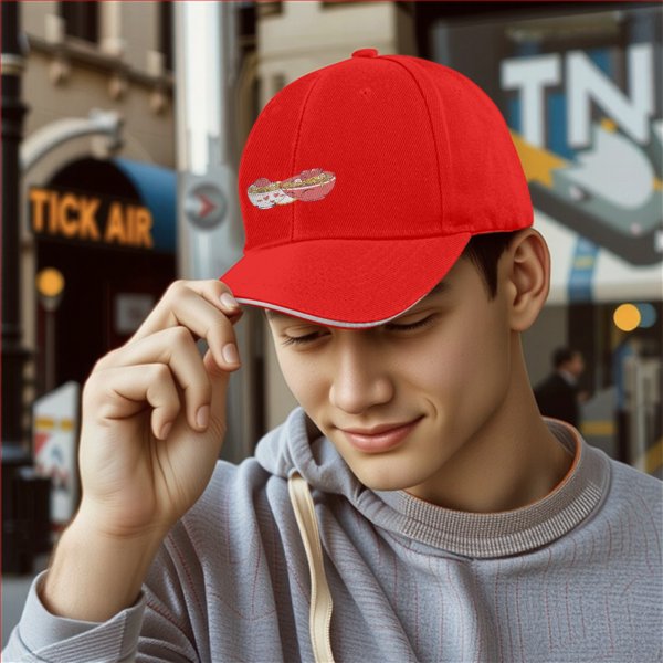 Black baseball cap with two decorative ramen bowl prints