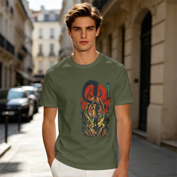 Olive T-shirt with Dark Fantasy Tentacle Monster Graphic Print