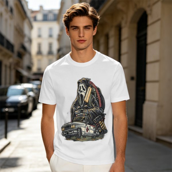 Olive T-shirt with Ghostface driving a Ghostbusters-style car graphic
