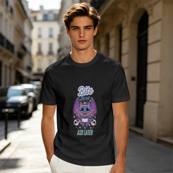 Olive graphic t-shirt with bat cat holding watermelon and 'Bite First Ask Later' text