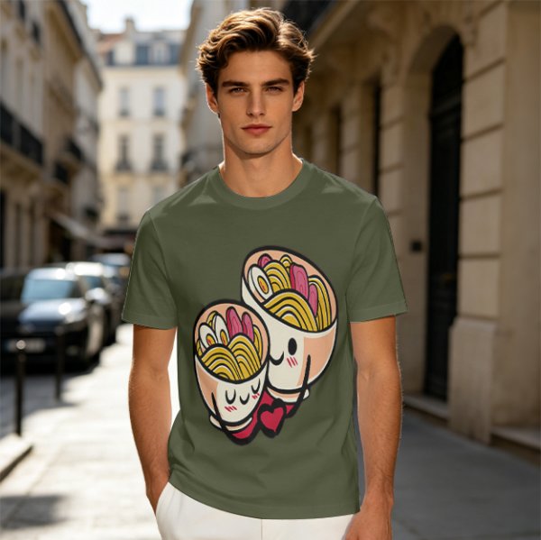 Olive T-Shirt With Cute Hugging Ramen Bowl Couple Print