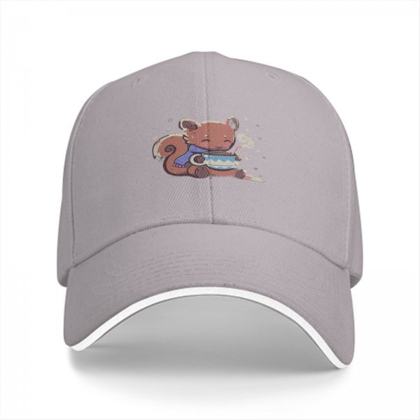 Black baseball cap with cute squirrel holding a steaming tea cup