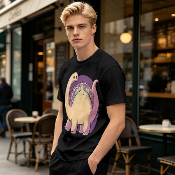 Olive T-Shirt with Cute Brontosaurus Taco Dinosaur Graphic