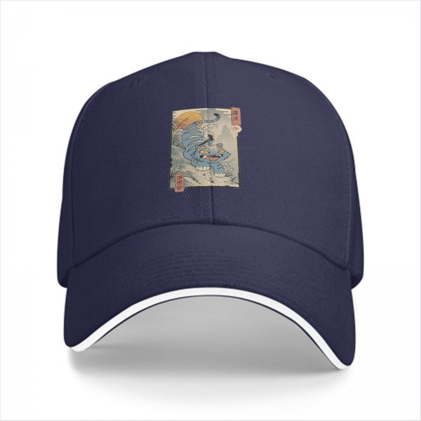Black Baseball Cap with Ukiyo-e Style Blue Tiger Print