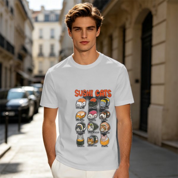 Olive T-Shirt With Sushi Cats Graphic Print