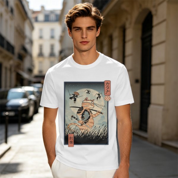 Samurai Cat Fighting Ninjas Ukiyo-e Style Graphic T-Shirt