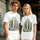 Olive T-shirt with Walking Silhouettes Under a Large Moon