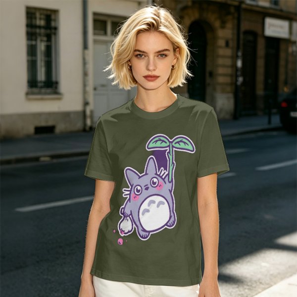 Olive T-Shirt With Cute Chibi Totoro Holding Leaf Print