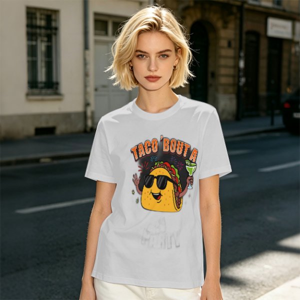 Olive taco graphic t-shirt with 'TACO 'BOUT A' text and margarita