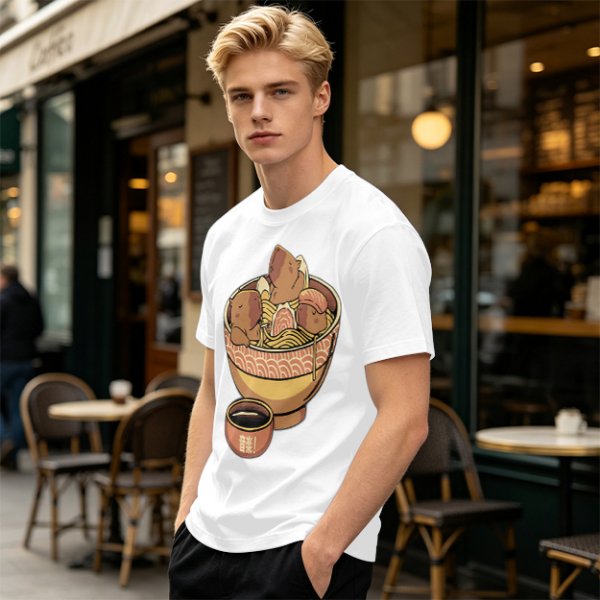 Olive Green T-Shirt With Capybara Ramen Bowl Print