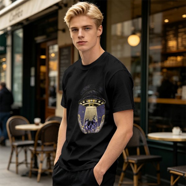 Olive Green T-Shirt with UFO Abducting Cow Graphic