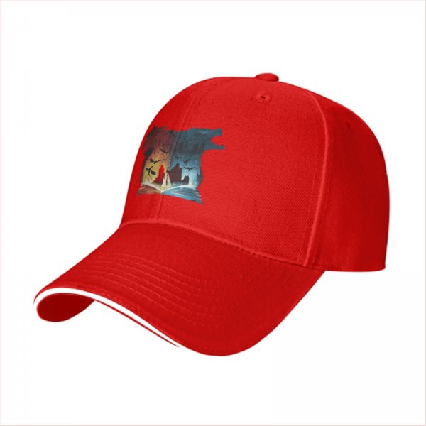 Black baseball cap with fantasy wolf and dragon book print design