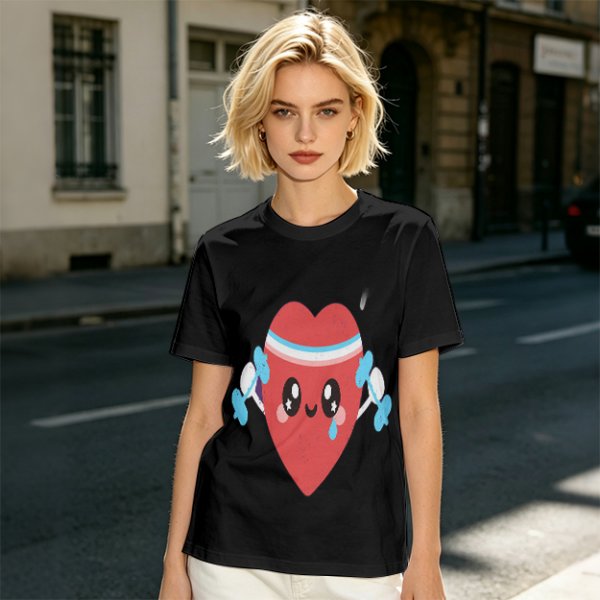 Olive T-Shirt With Cute Cartoon Heart Lifting Dumbbells Print