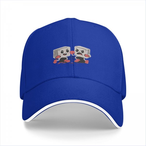 Black baseball cap with cartoon fighting tofu characters graphic