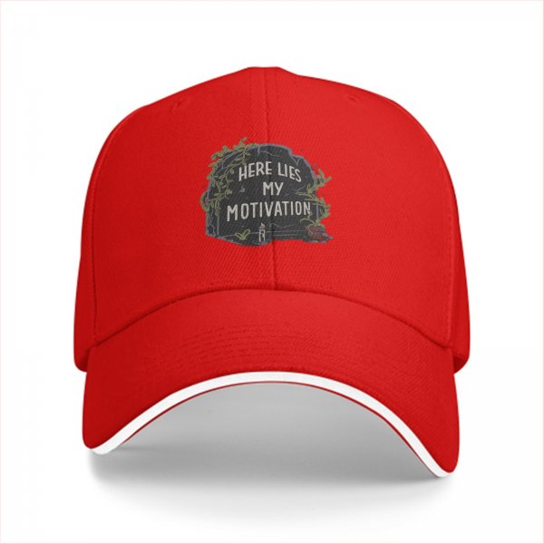 Black baseball cap with 'Here Lies My Motivation' tombstone graphic