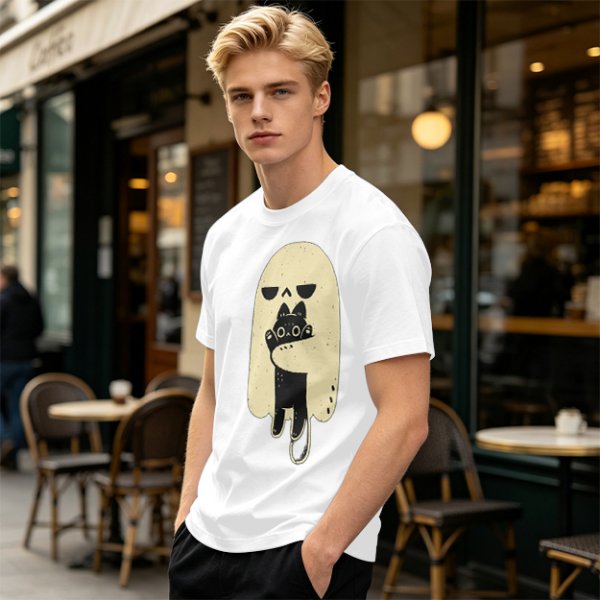 Olive T-Shirt With Ghost Holding Black Cat Graphic