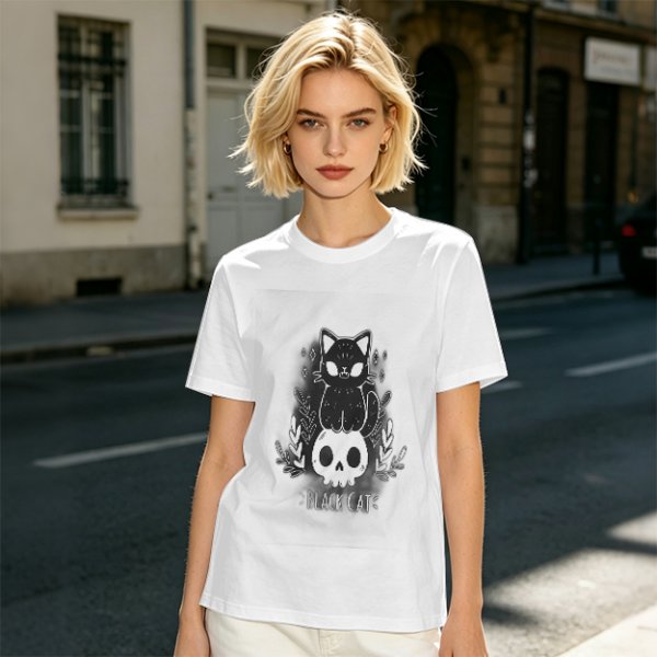 Olive green graphic t-shirt with black cat and skull print