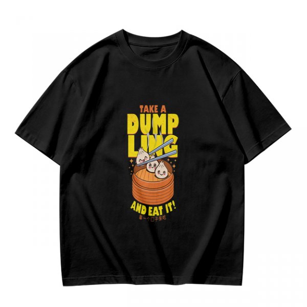 Olive green graphic t-shirt with dumpling pun and steamer illustration