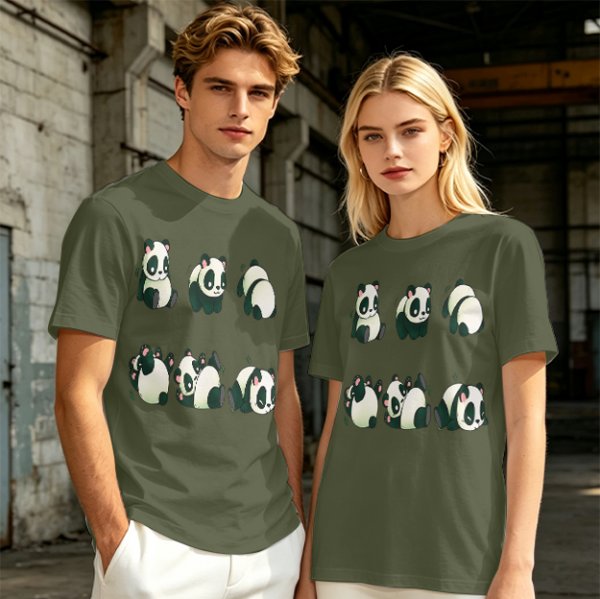 Olive T-Shirt With Cute Rolling Panda Graphic Prints