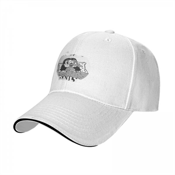 Black baseball cap with grayscale horror girl in bed graphic and DAILY text