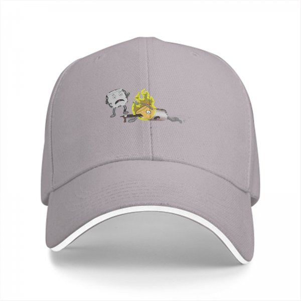Black baseball cap with cartoon burning character and worried companion graphic
