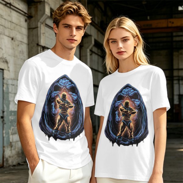Olive T-Shirt with Muscular Hero Emerging from Hooded Figure Art