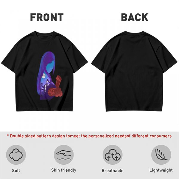Olive T-Shirt With Purple Haired Figure Night Scene Print