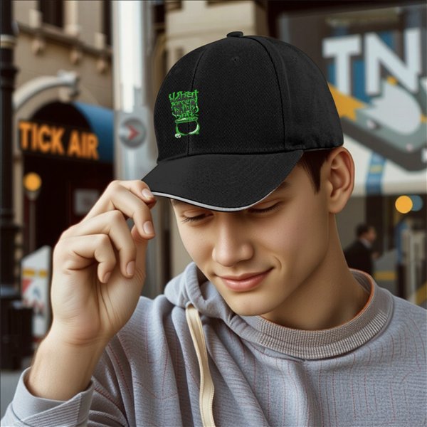Black baseball cap with green 'What sorcery is this' cauldron graphic