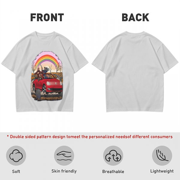 Olive T-Shirt With Red Convertible Car, Rainbow And People Graphic