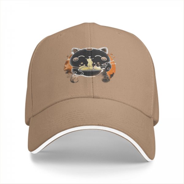 Black Baseball Cap With Cute Maneki-neko Cat Eating Ramen Design