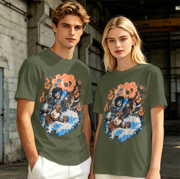 Olive T-shirt with Skeleton Musician Playing Guitar Over Ocean Waves