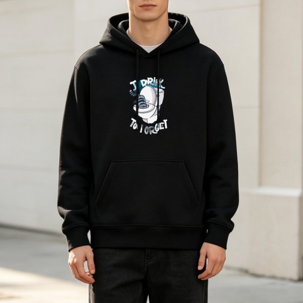 Black hoodie with 'I Drink To Forget' toilet cat graphic