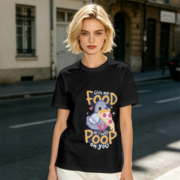 Olive t-shirt with funny pigeon pizza 'Give me food or I will poop' print