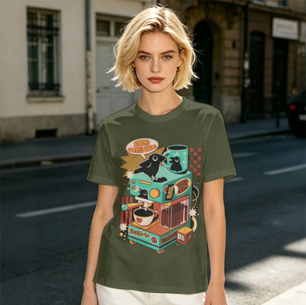 Strong Coffee Club Crow Espresso Machine T-Shirt Art