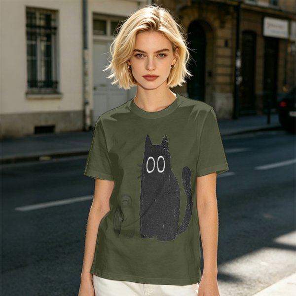 Oversized Olive T-Shirt With Cute Black Cat Graphic Print