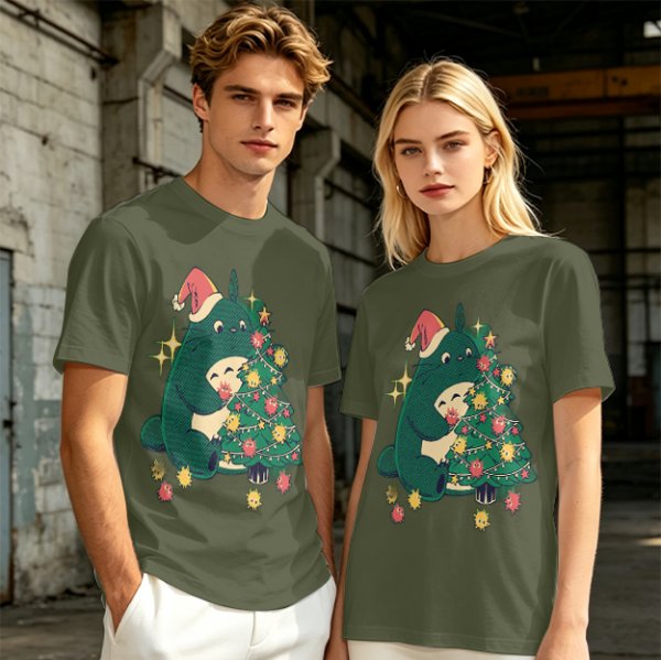 Olive Green T-Shirt With Christmas Totoro Decorating Tree Print