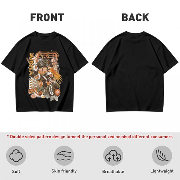 Olive green anime graphic t-shirt with monster and city scene