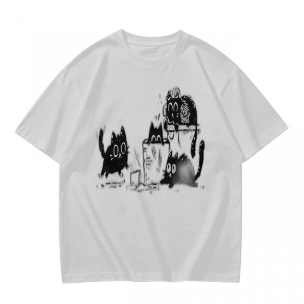 Olive Green T-Shirt With Playful Black Cat Graphic Print