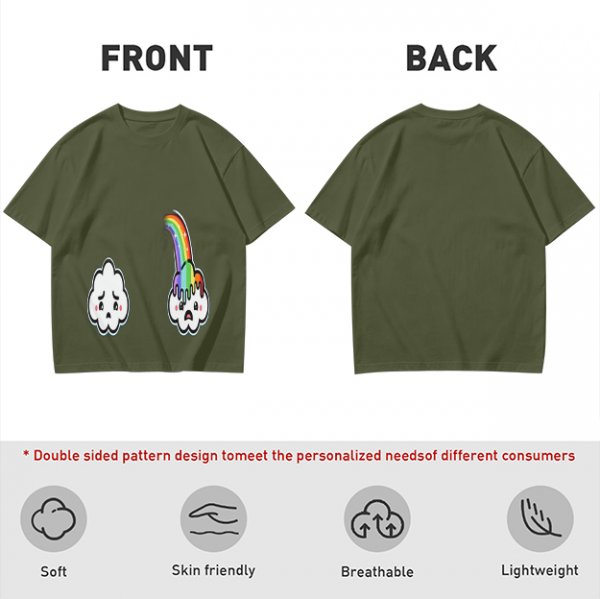 Oversized Olive T-Shirt With Sad Clouds And Rainbow Drip Graphic