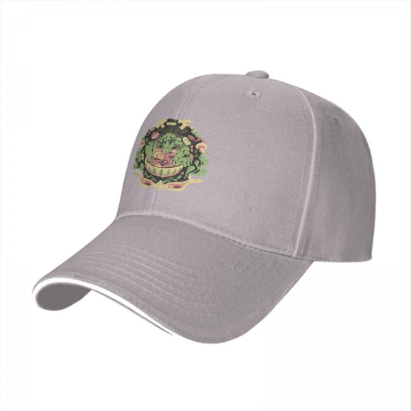 Black baseball cap with vegetable soup themed graphic print
