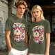 Olive t-shirt with spooky skull bubble tea graphic and Japanese text