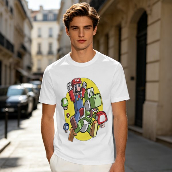 Olive T-shirt with Block Style Mario Riding Yoshi and Mushroom Graphics
