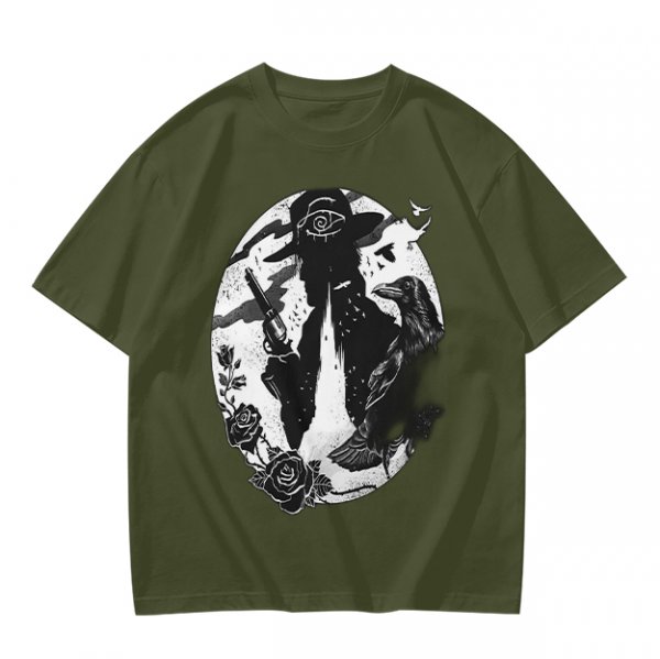 Olive T-Shirt With Western Gunslinger Crow And Roses Graphic