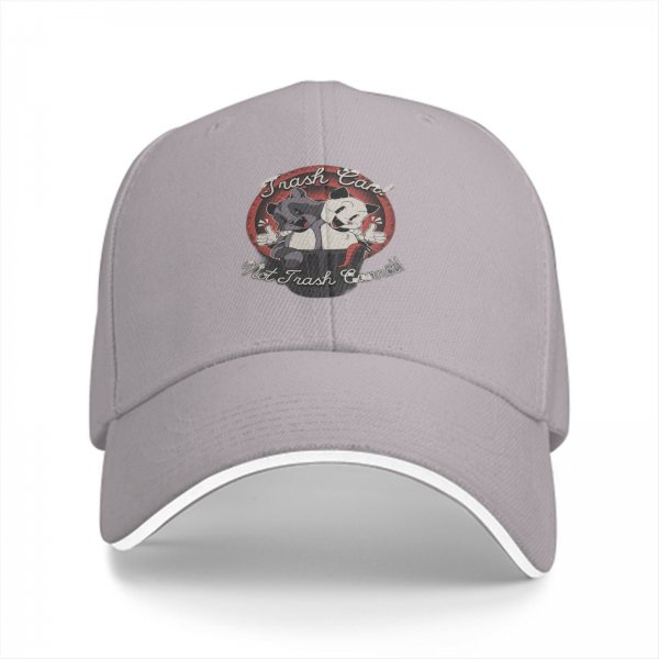 Black baseball cap with retro raccoon and cat trash can graphic