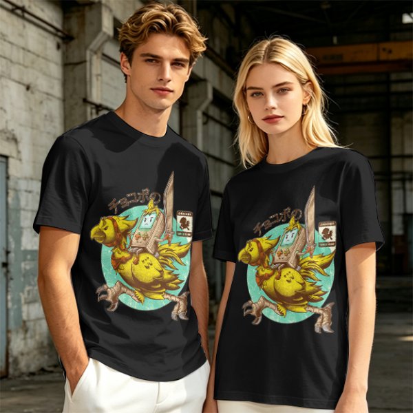 Chocobo Rider with Retro Game Character Graphic T-Shirt