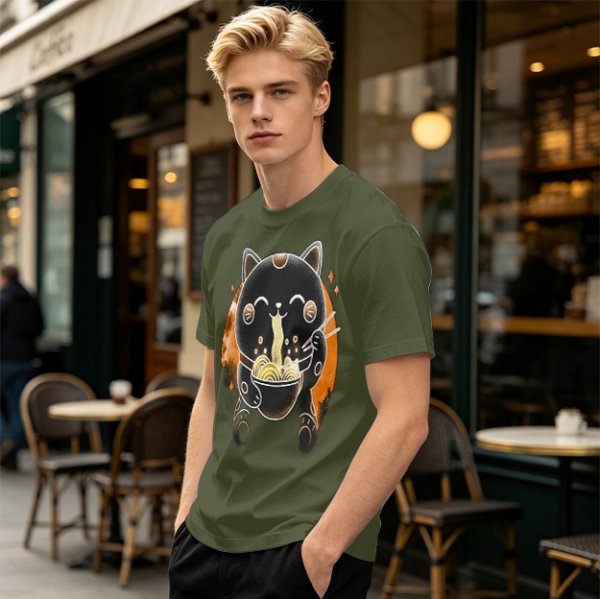 Olive T-Shirt Featuring Black Maneki-neko Cat Eating Ramen