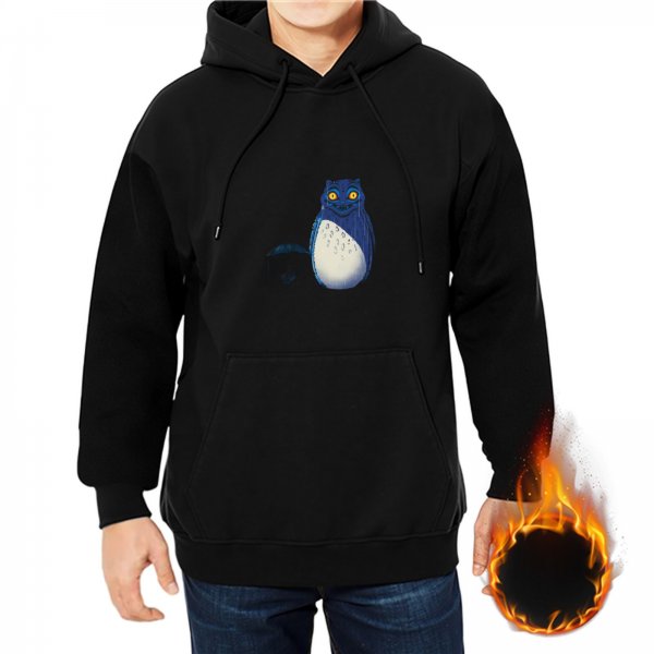 Black hoodie with blue whimsical creature graphic print