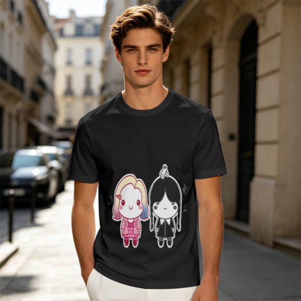 Olive T-Shirt with Chibi Wednesday Addams and Enid Sinclair Print